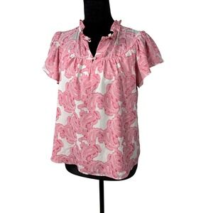 Current Air Pink White Paisley Ruffle Mock Neck Blouse Top Size XS Boho Coquette